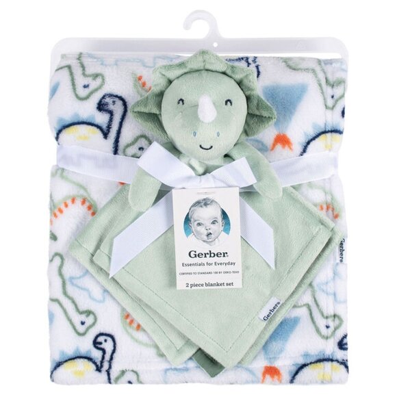 Green Triceratops Dinosaur Gerber Security Blanket 2 Piece Plush Dino Buddy Set - Picture 1 of 2